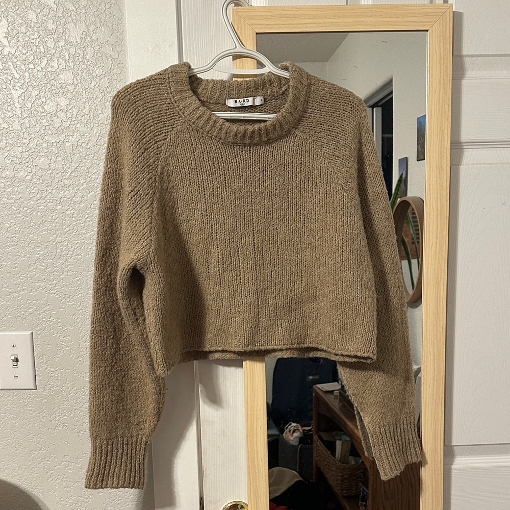 Cropped Crewneck Sweater in Taupe